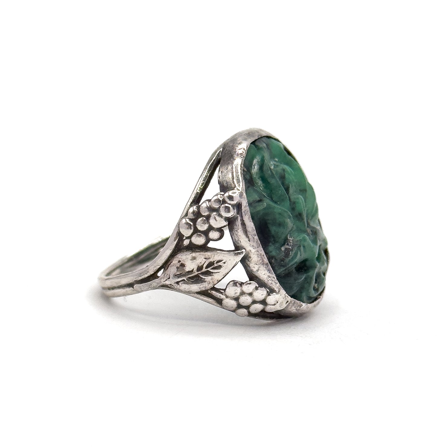 Art Nouveau Carved Green Stone Ring in Sterling Silver