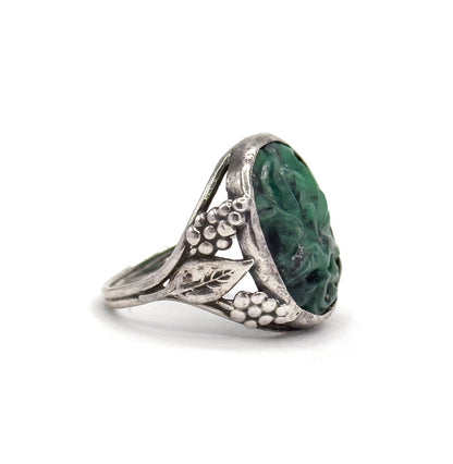 Art Nouveau Carved Green Stone Ring in Sterling Silver