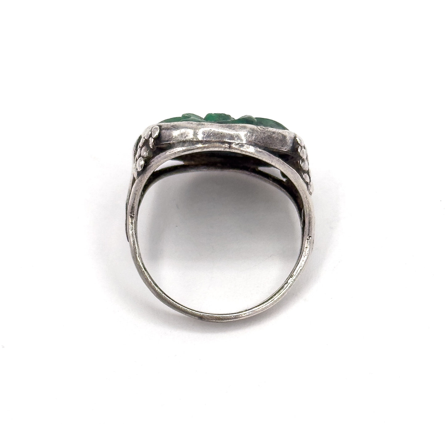 Art Nouveau Carved Green Stone Ring in Sterling Silver