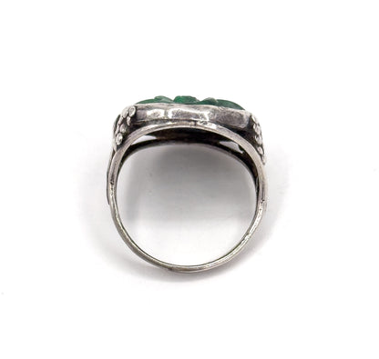 Art Nouveau Carved Green Stone Ring in Sterling Silver