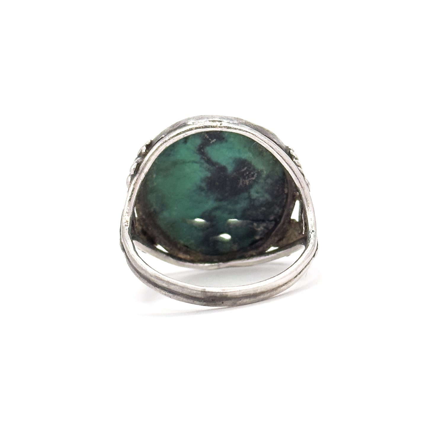 Art Nouveau Carved Green Stone Ring in Sterling Silver