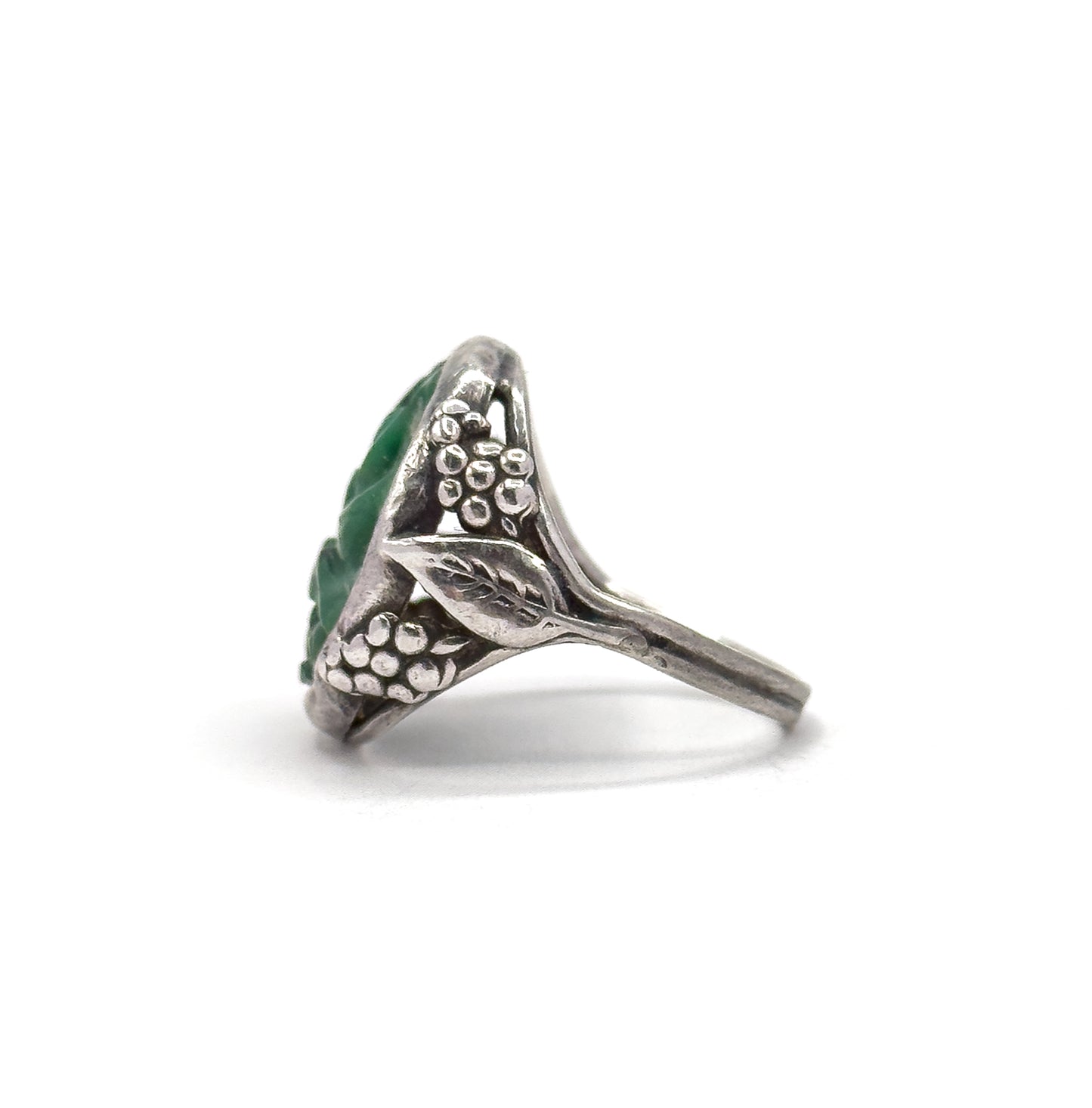 Art Nouveau Carved Green Stone Ring in Sterling Silver