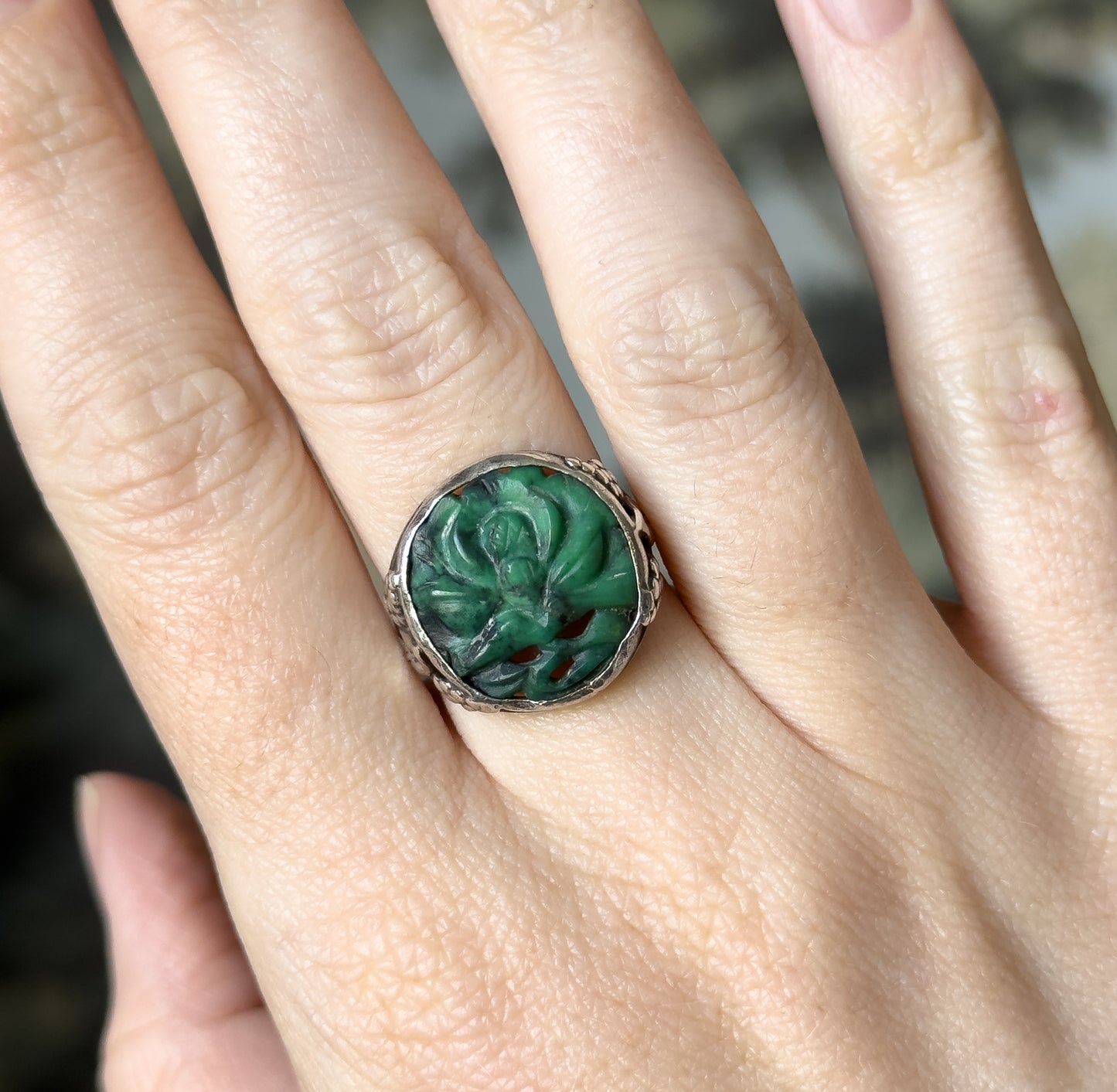 Art Nouveau Carved Green Stone Ring in Sterling Silver