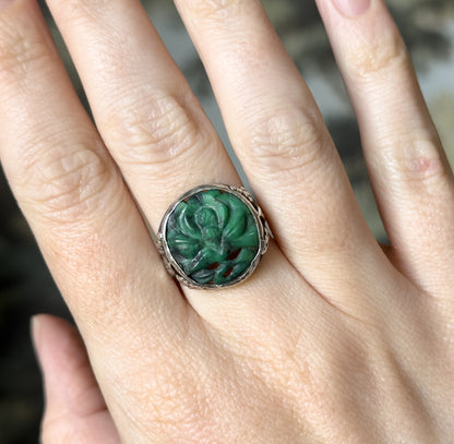 Art Nouveau Carved Green Stone Ring in Sterling Silver