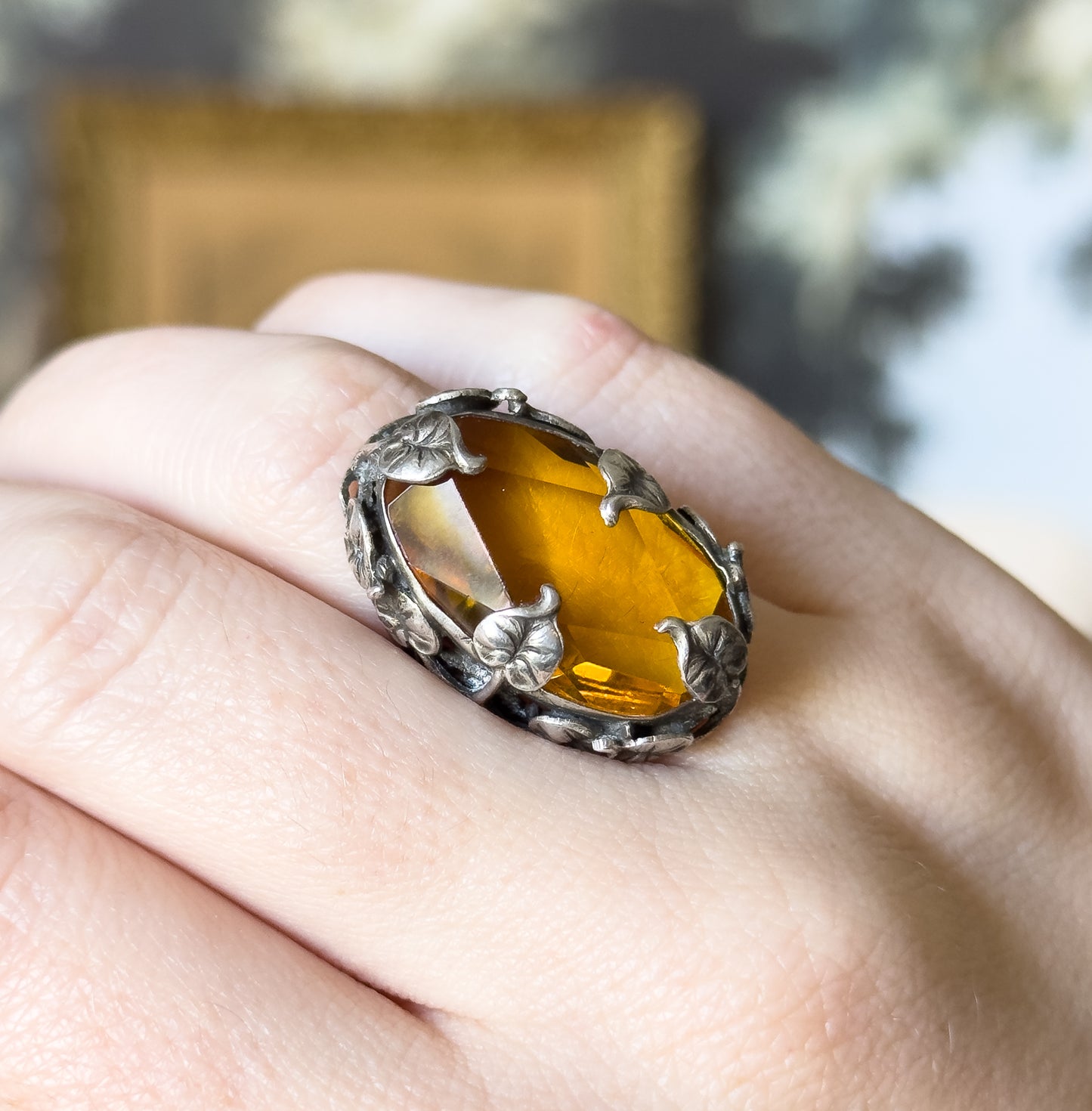 Art Nouveau Golden Paste Leaf Ring in Sterling Silver