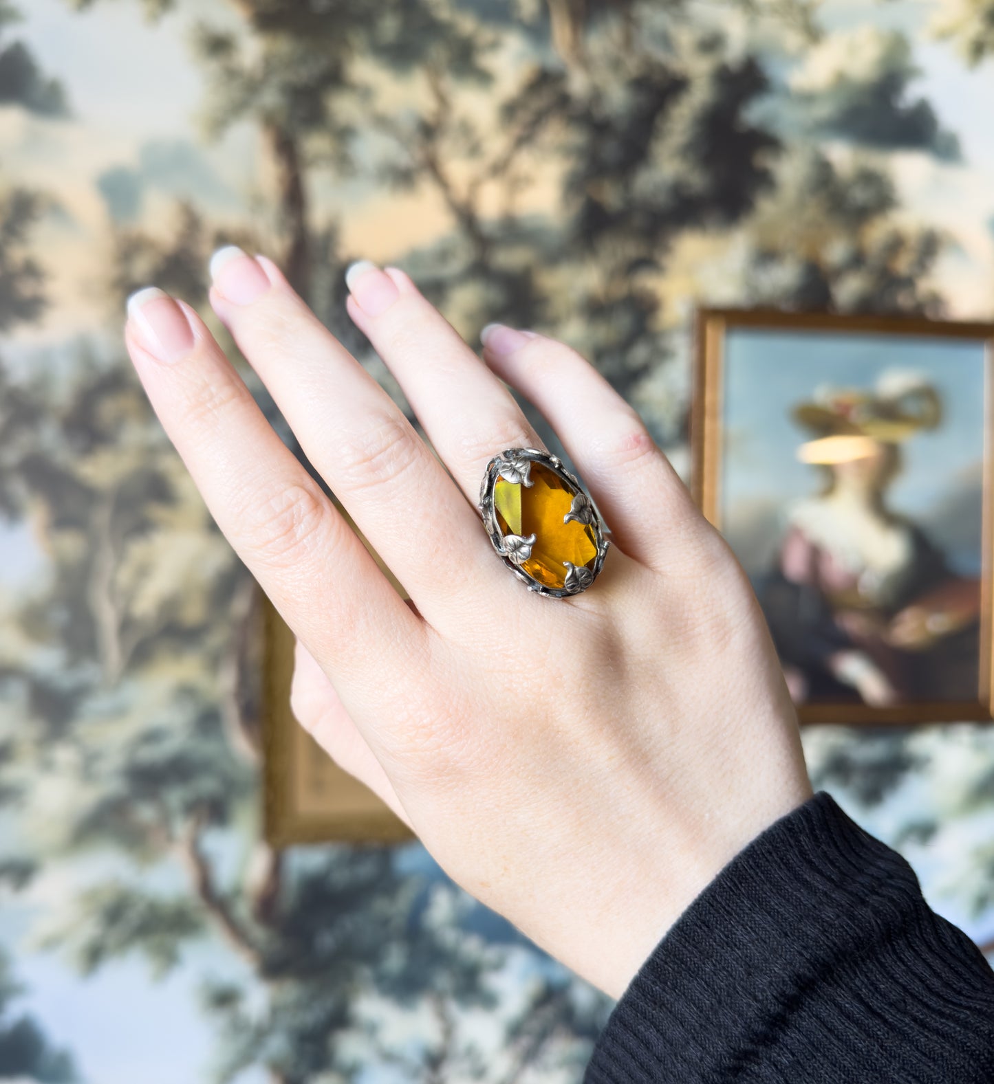 Art Nouveau Golden Paste Leaf Ring in Sterling Silver