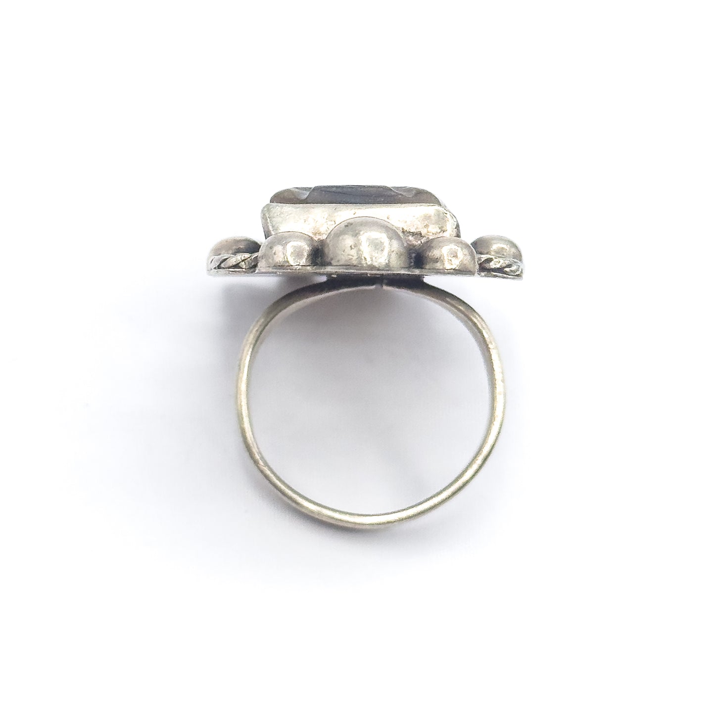 Late 20th Century Abalone Carved Mask Ring in Mexican Sterling Silver