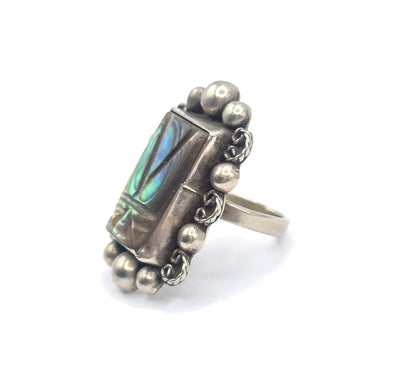 Late 20th Century Abalone Carved Mask Ring in Mexican Sterling Silver