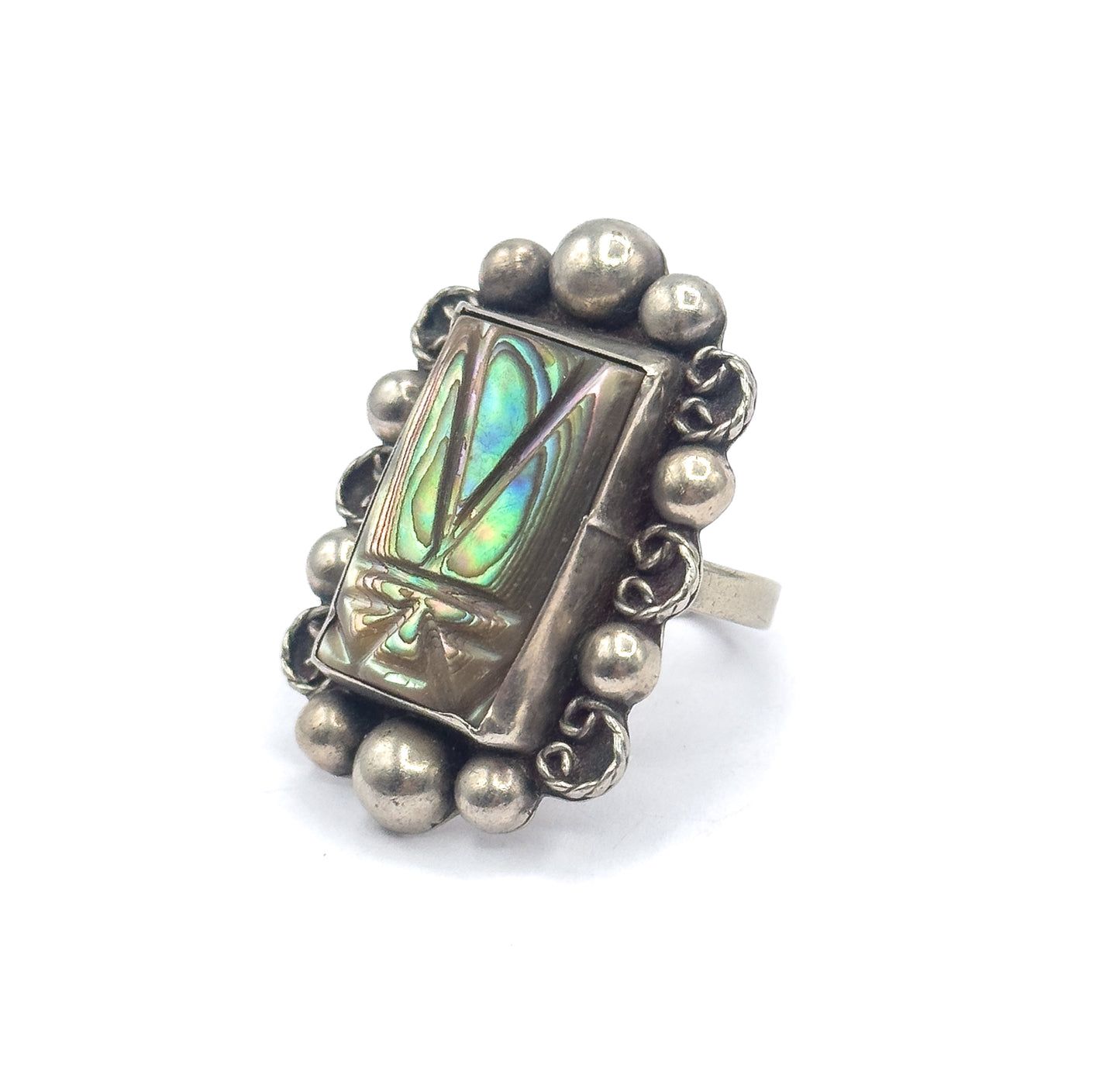 Late 20th Century Abalone Carved Mask Ring in Mexican Sterling Silver