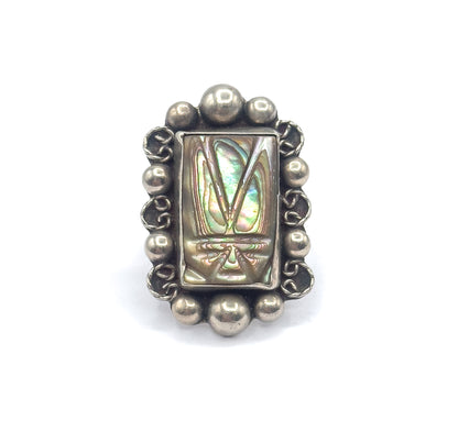 Late 20th Century Abalone Carved Mask Ring in Mexican Sterling Silver