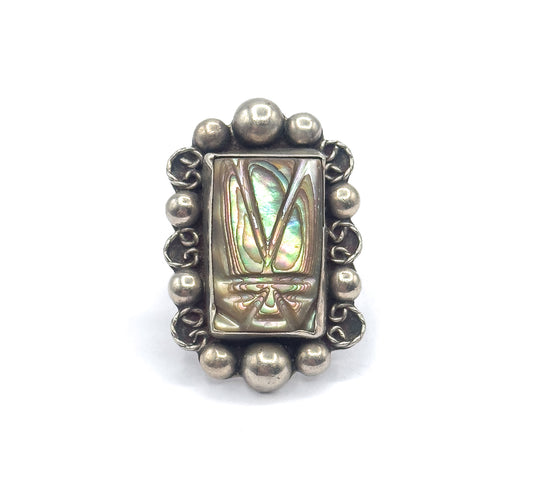 Late 20th Century Abalone Carved Mask Ring in Mexican Sterling Silver