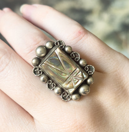 Late 20th Century Abalone Carved Mask Ring in Mexican Sterling Silver