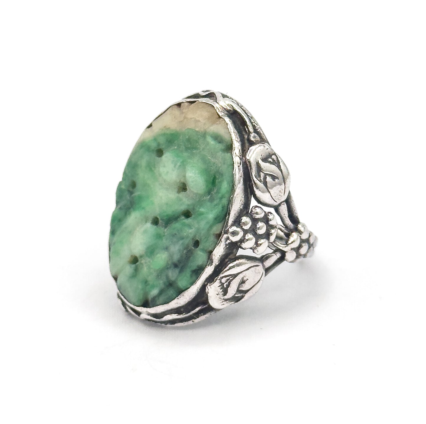 Art Nouveau Carved Jade Ring in Sterling Silver