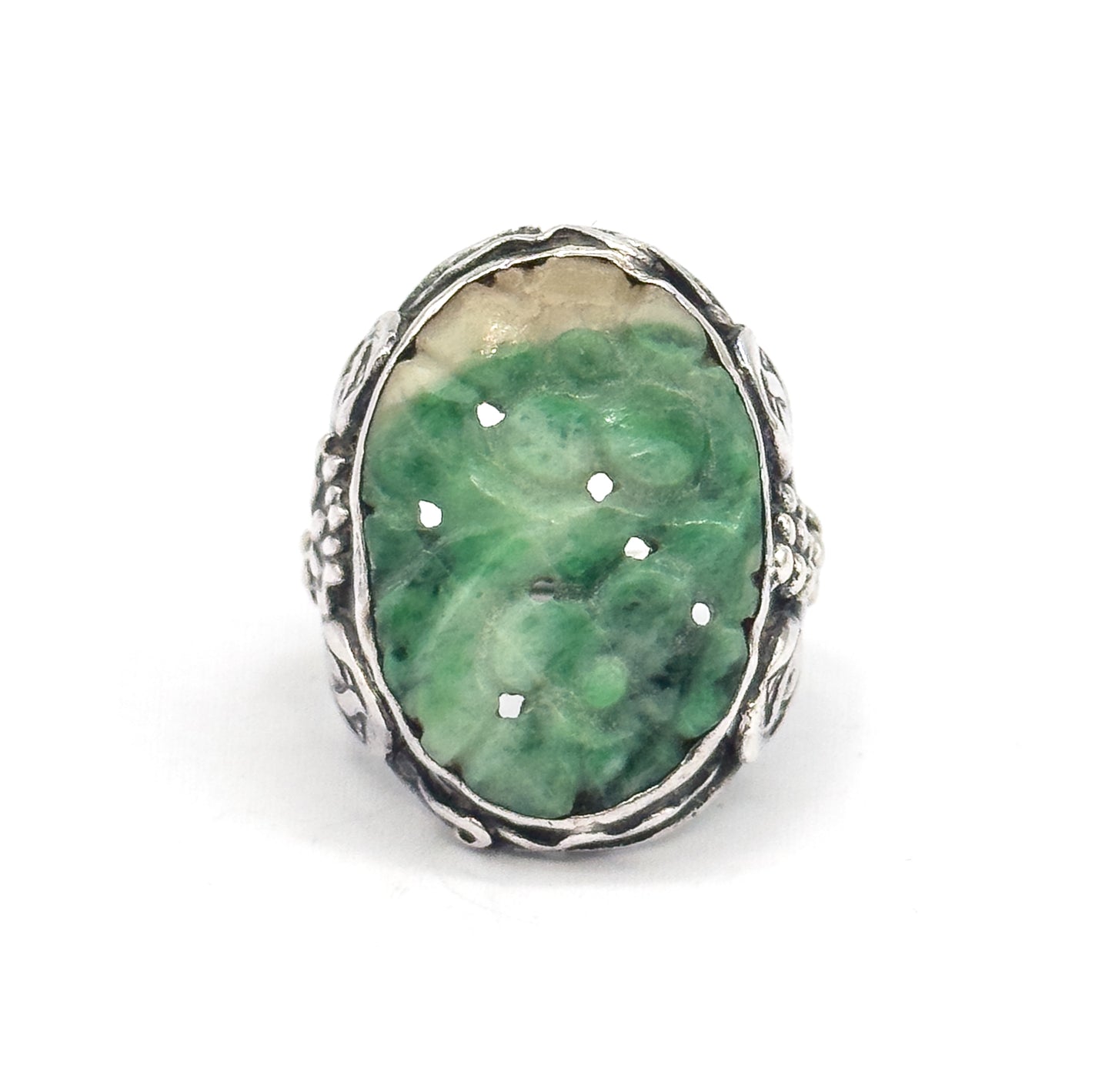 Art Nouveau Carved Jade Ring in Sterling Silver
