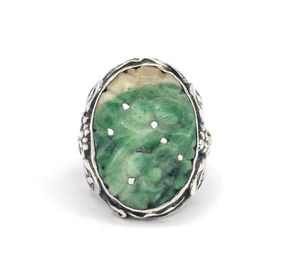 Art Nouveau Carved Jade Ring in Sterling Silver