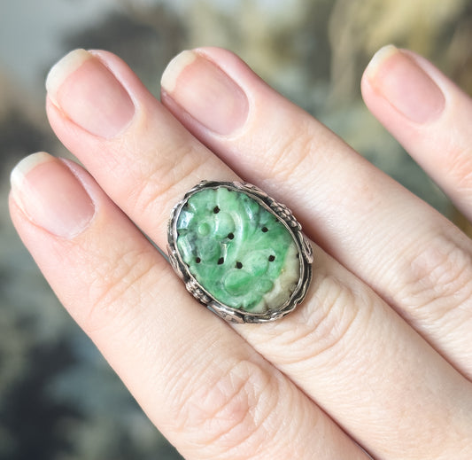 Art Nouveau Carved Jade Ring in Sterling Silver