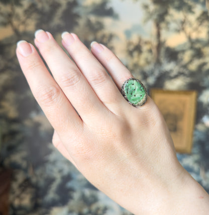 Art Nouveau Carved Jade Ring in Sterling Silver