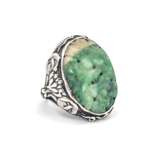 Art Nouveau Carved Jade Ring in Sterling Silver
