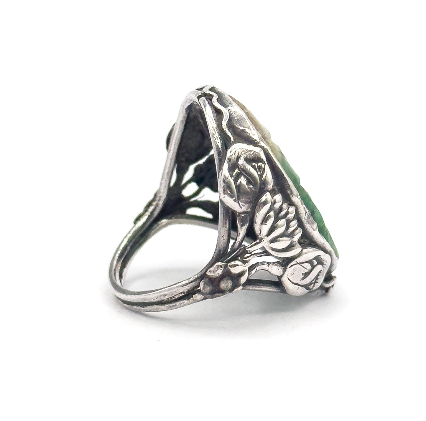 Art Nouveau Carved Jade Ring in Sterling Silver