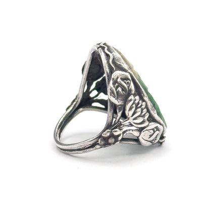 Art Nouveau Carved Jade Ring in Sterling Silver