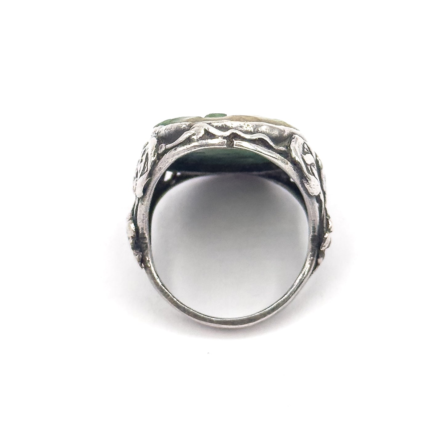 Art Nouveau Carved Jade Ring in Sterling Silver