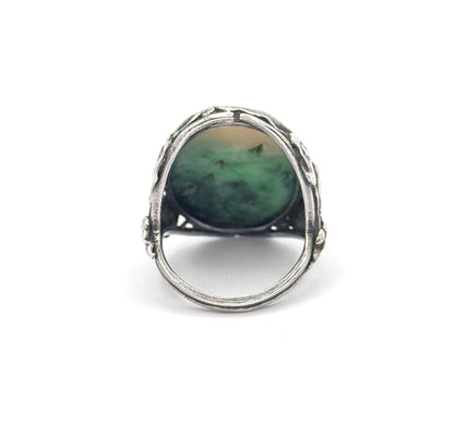 Art Nouveau Carved Jade Ring in Sterling Silver