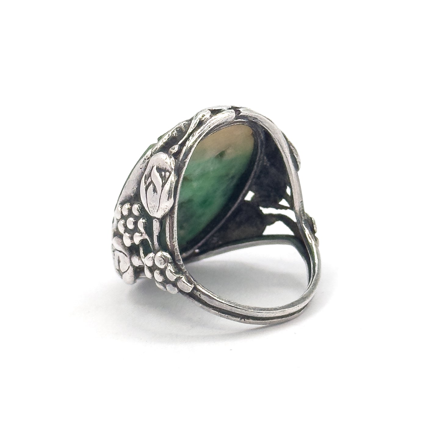 Art Nouveau Carved Jade Ring in Sterling Silver