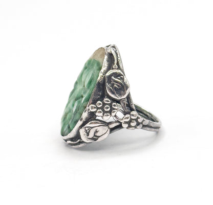 Art Nouveau Carved Jade Ring in Sterling Silver