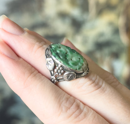 Art Nouveau Carved Jade Ring in Sterling Silver