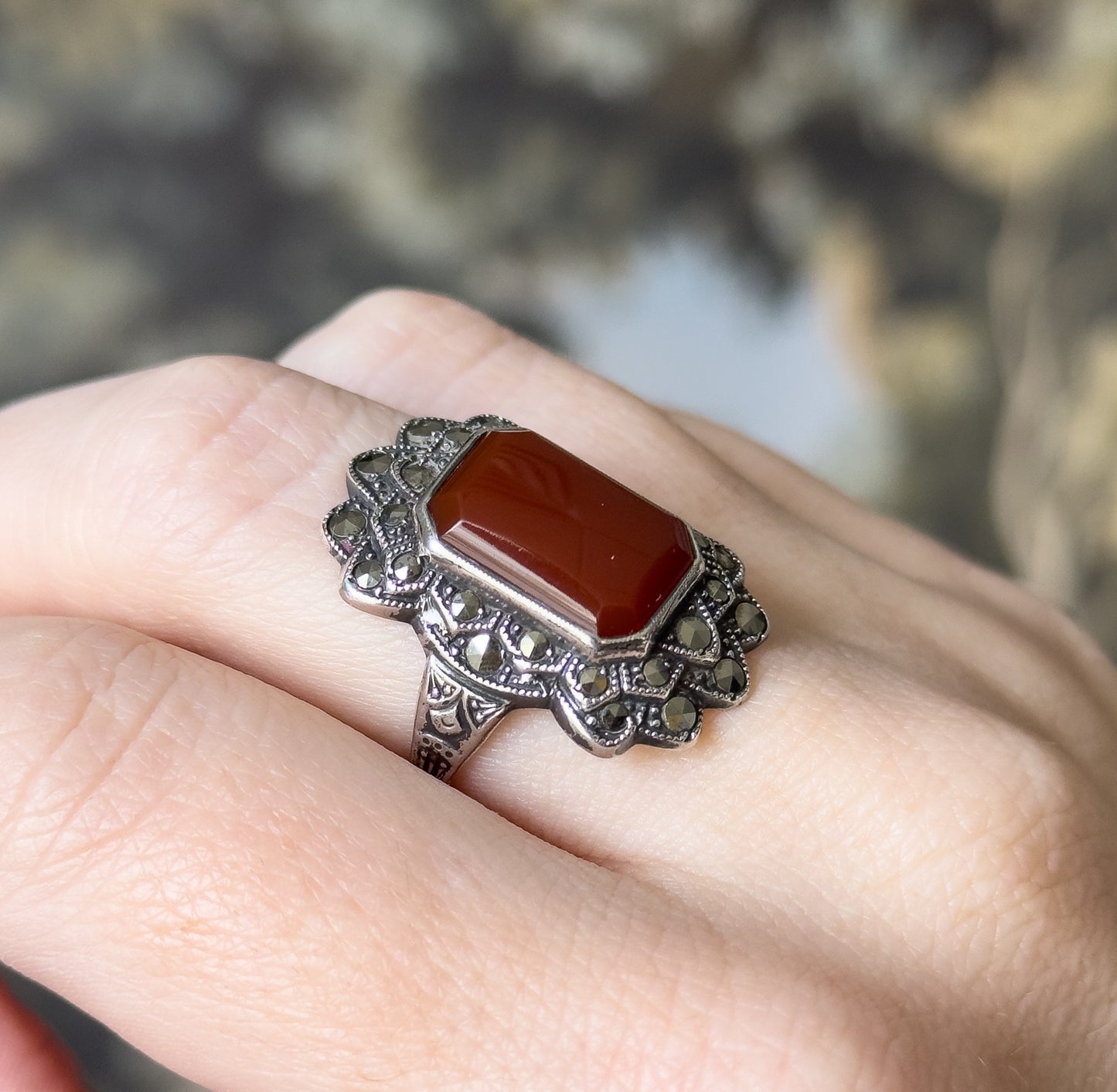 Art Deco Carnelian & Marcasite Ring in Sterling Silver