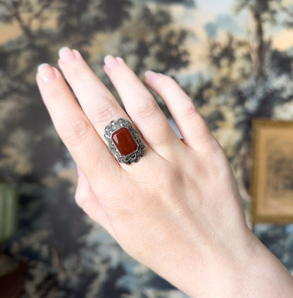 Art Deco Carnelian & Marcasite Ring in Sterling Silver