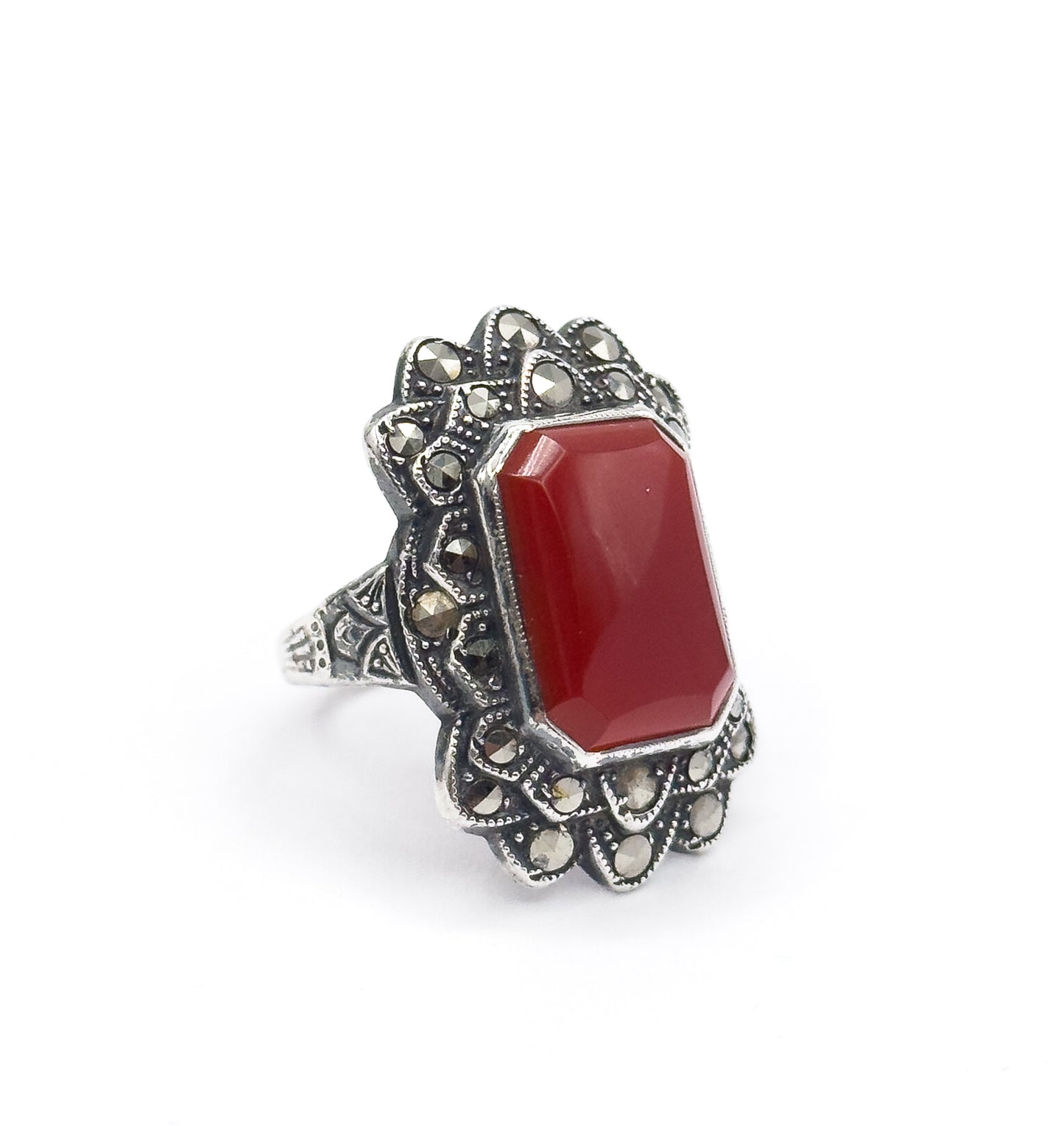 Art Deco Carnelian & Marcasite Ring in Sterling Silver