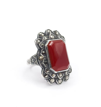 Art Deco Carnelian & Marcasite Ring in Sterling Silver