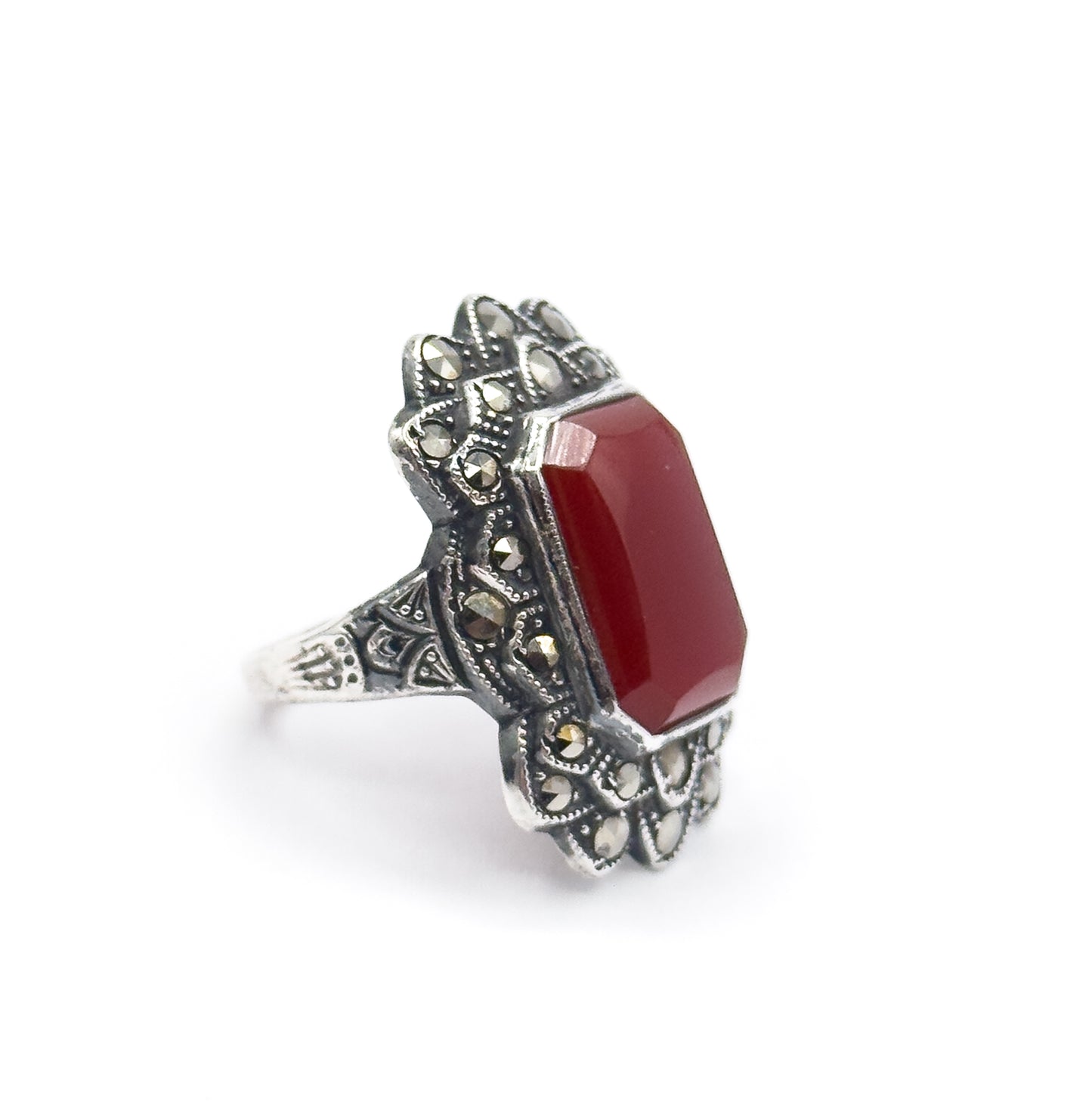 Art Deco Carnelian & Marcasite Ring in Sterling Silver