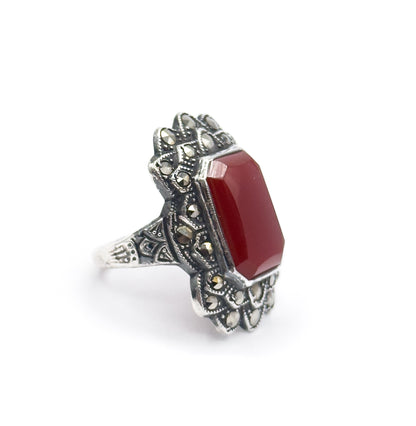 Art Deco Carnelian & Marcasite Ring in Sterling Silver