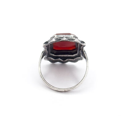 Art Deco Carnelian & Marcasite Ring in Sterling Silver