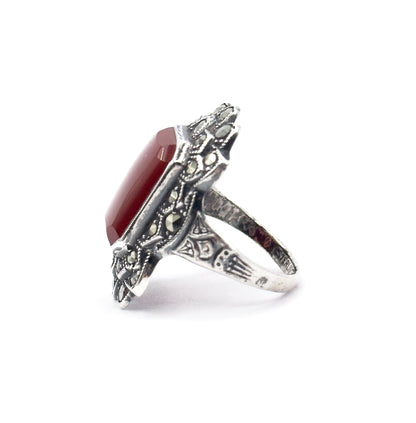 Art Deco Carnelian & Marcasite Ring in Sterling Silver