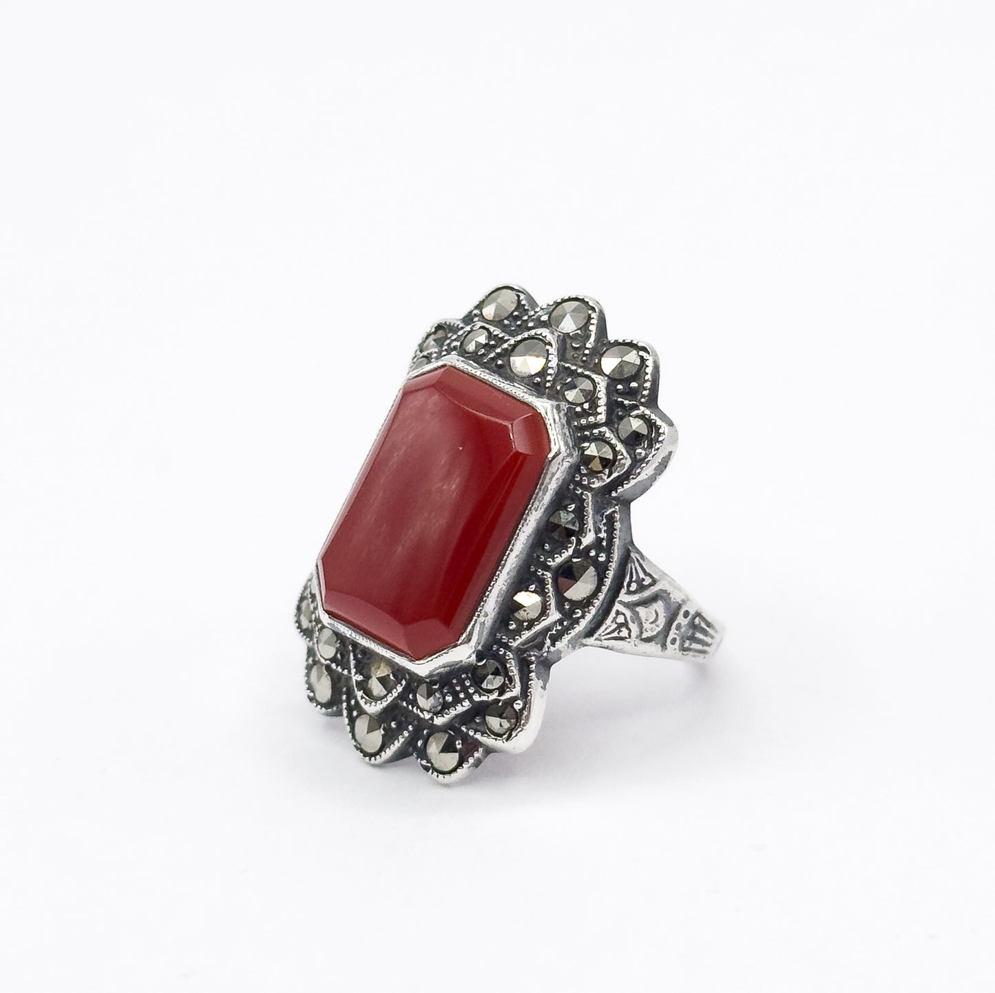 Art Deco Carnelian & Marcasite Ring in Sterling Silver