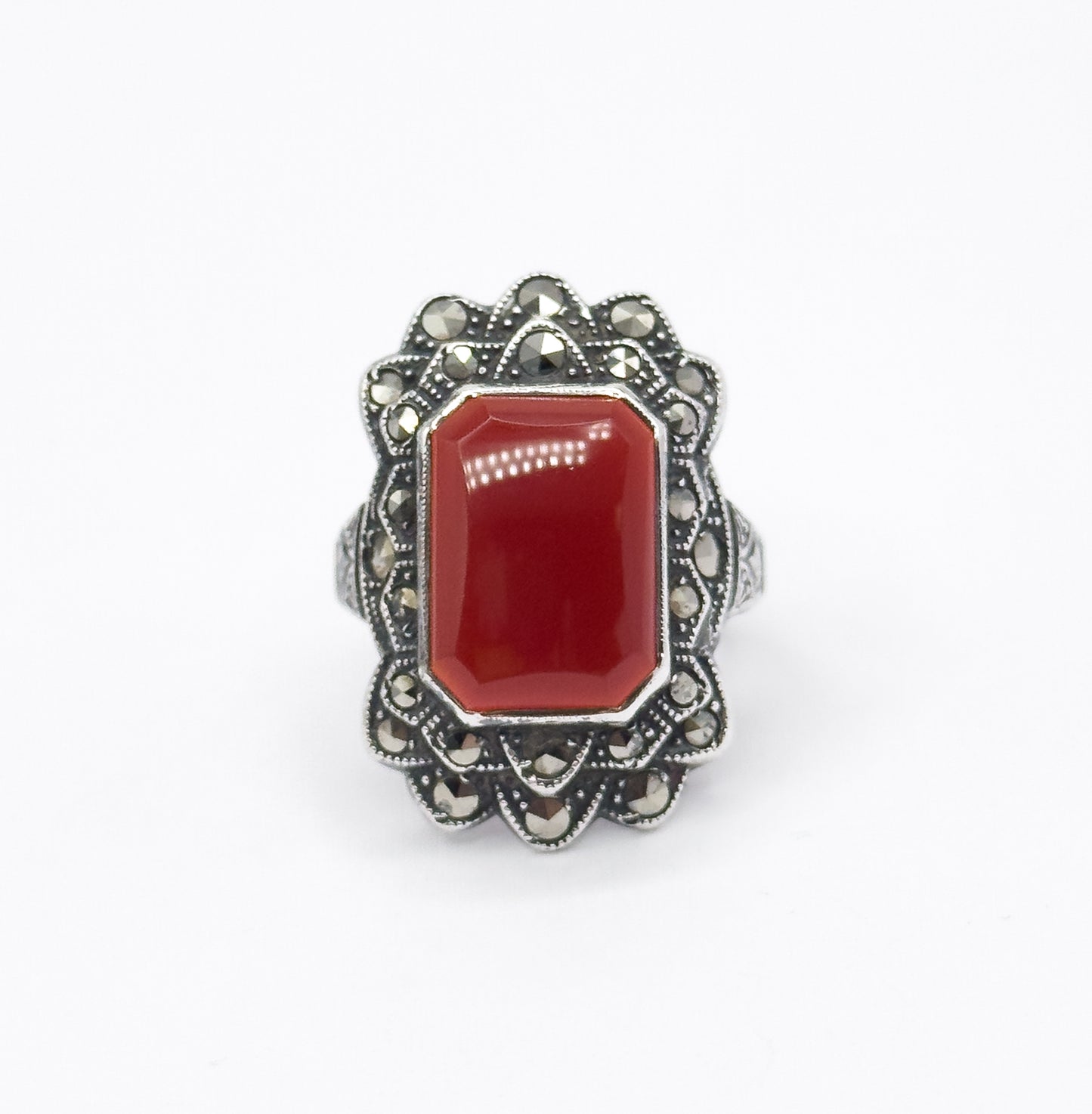 Art Deco Carnelian & Marcasite Ring in Sterling Silver