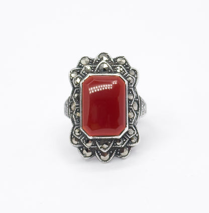 Art Deco Carnelian & Marcasite Ring in Sterling Silver