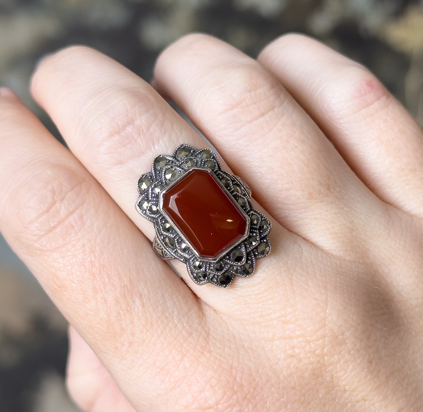 Art Deco Carnelian & Marcasite Ring in Sterling Silver