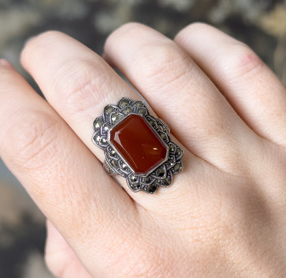 Art Deco Carnelian & Marcasite Ring in Sterling Silver