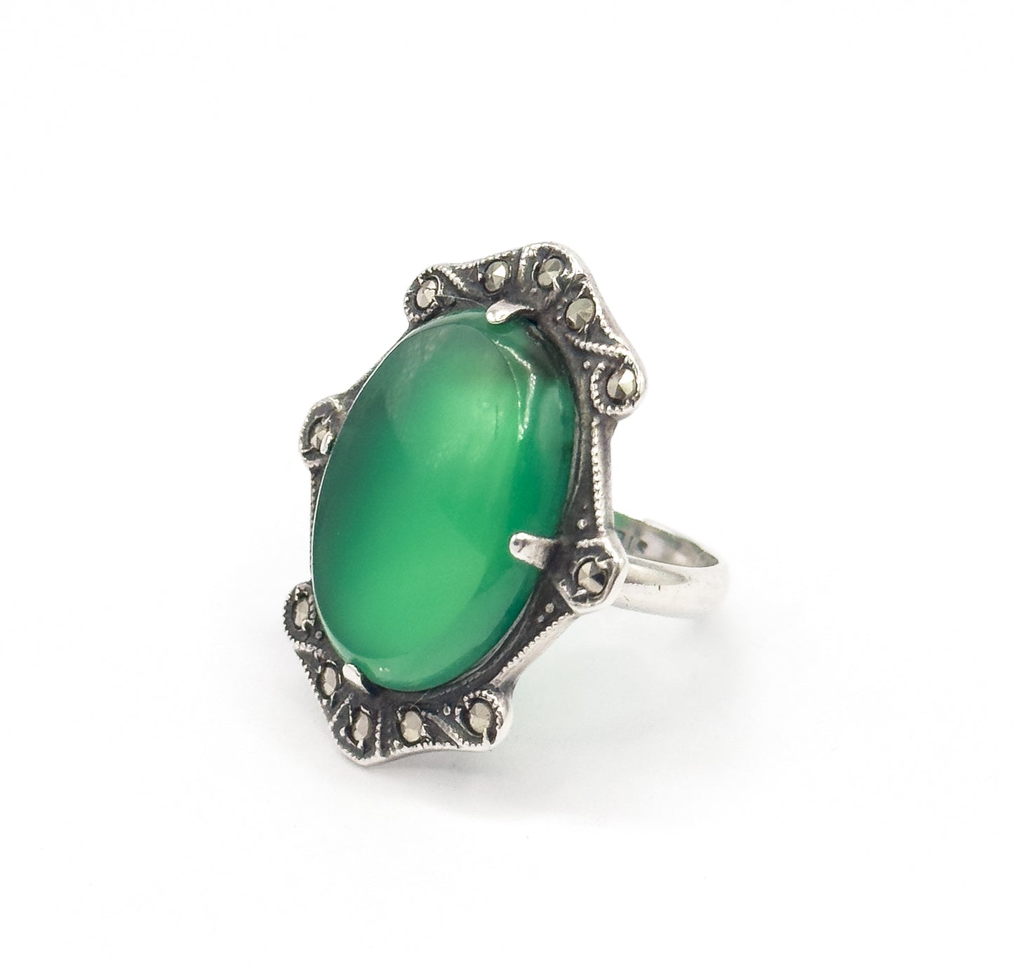 Art Deco Green Onyx & Marcasite Shield Ring in Sterling Silver