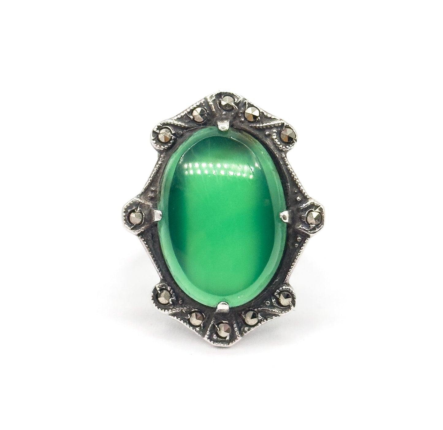 Art Deco Green Onyx & Marcasite Shield Ring in Sterling Silver