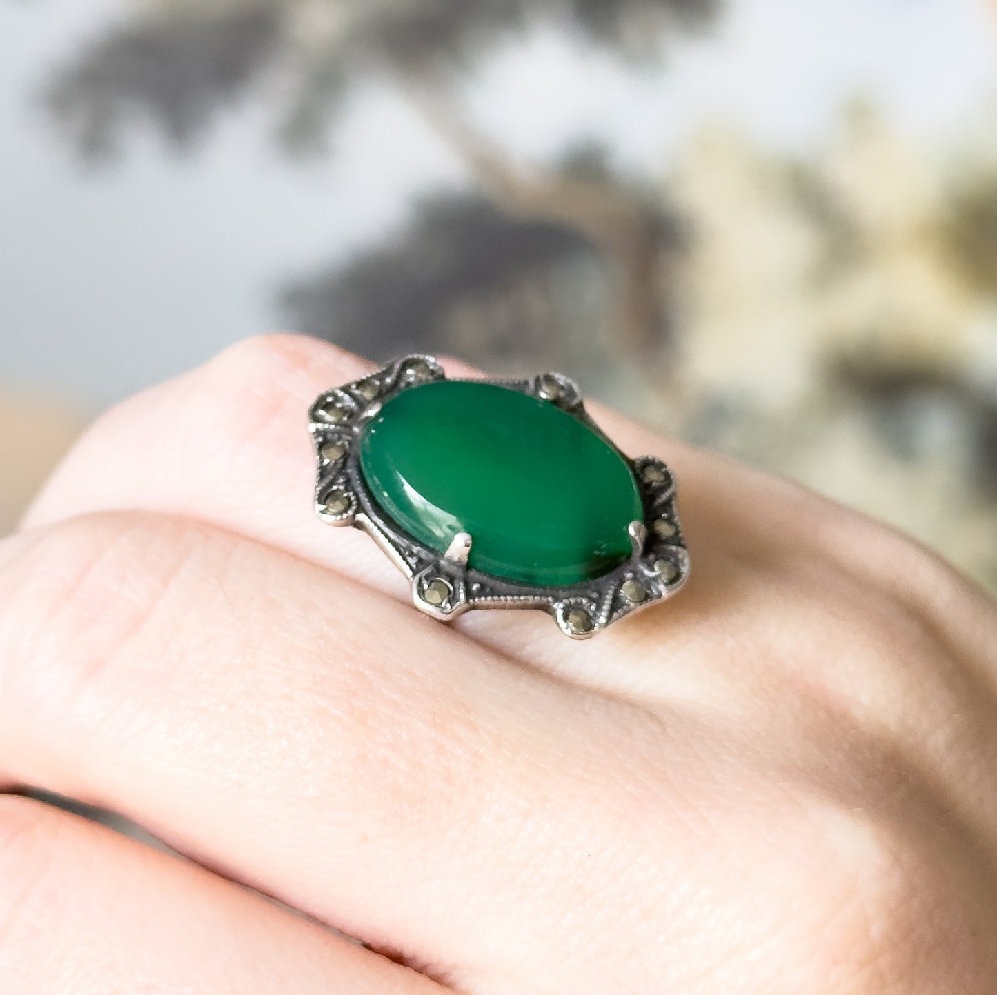 Art Deco Green Onyx & Marcasite Shield Ring in Sterling Silver