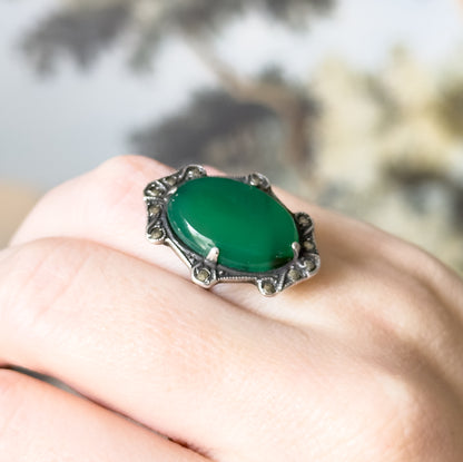 Art Deco Green Onyx & Marcasite Shield Ring in Sterling Silver