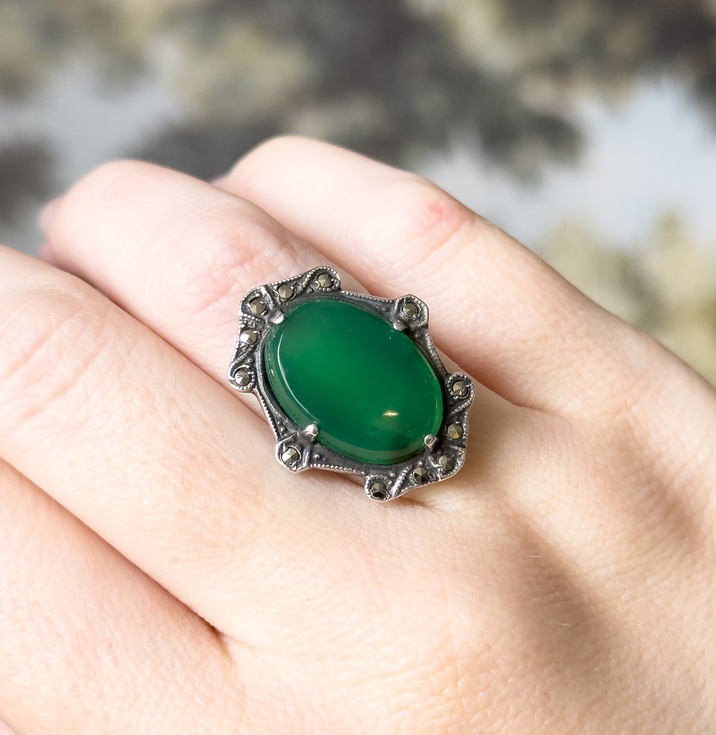 Art Deco Green Onyx & Marcasite Shield Ring in Sterling Silver