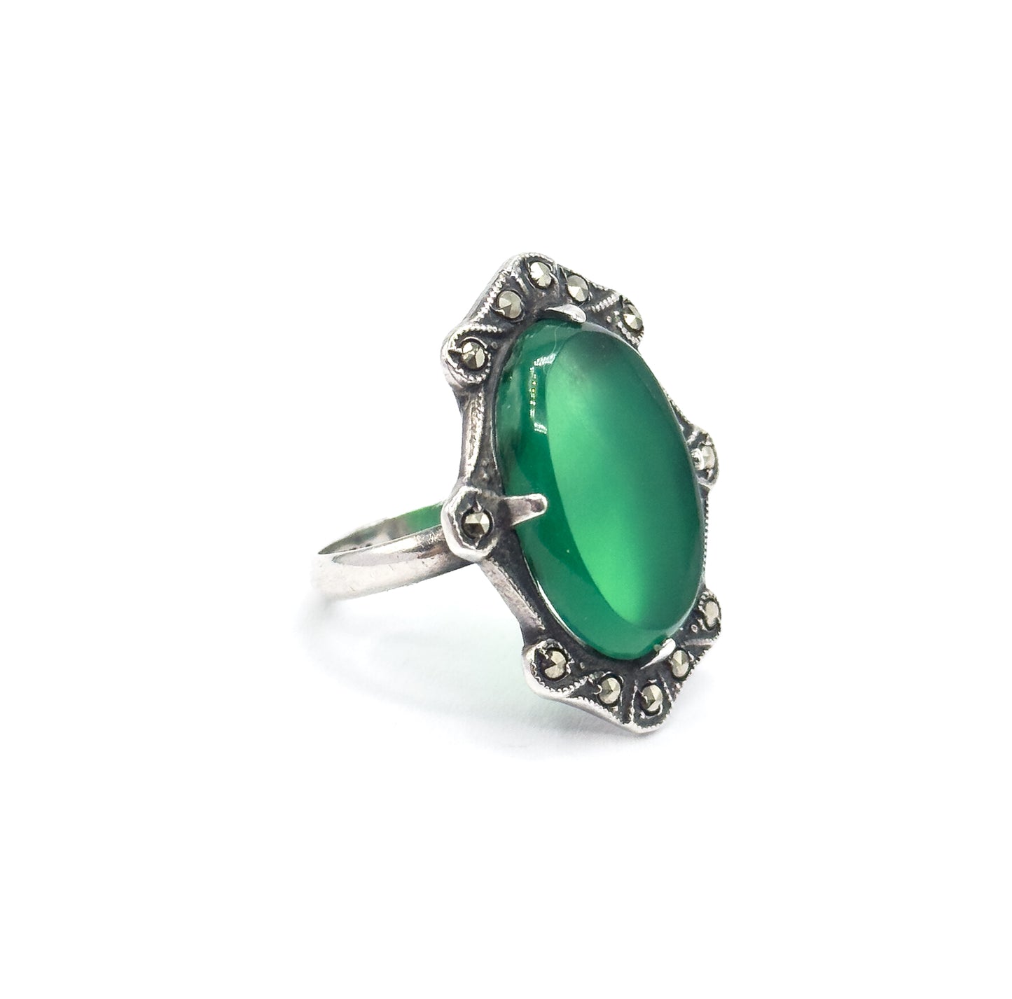 Art Deco Green Onyx & Marcasite Shield Ring in Sterling Silver
