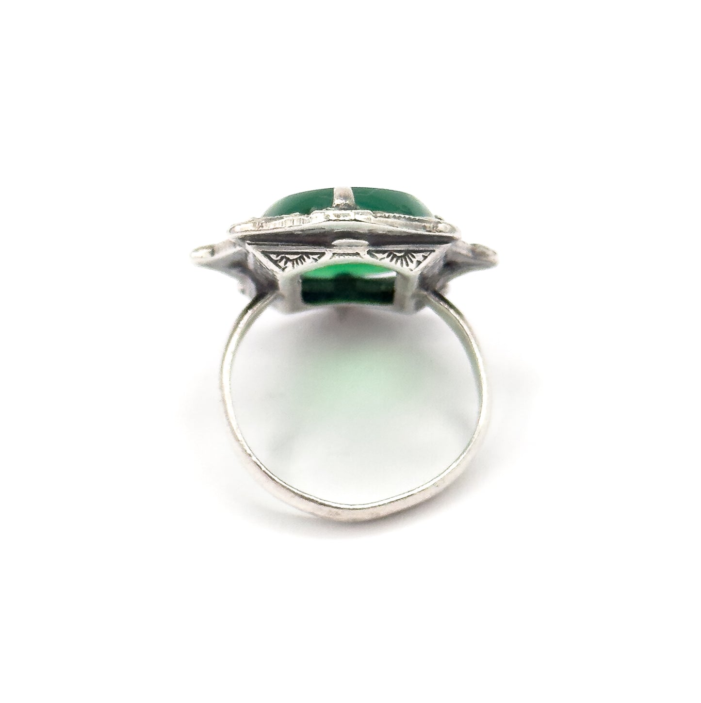 Art Deco Green Onyx & Marcasite Shield Ring in Sterling Silver