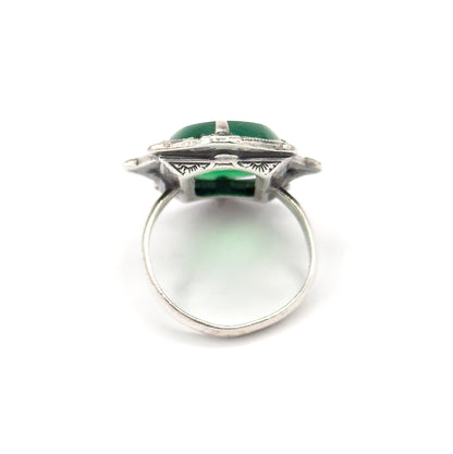 Art Deco Green Onyx & Marcasite Shield Ring in Sterling Silver
